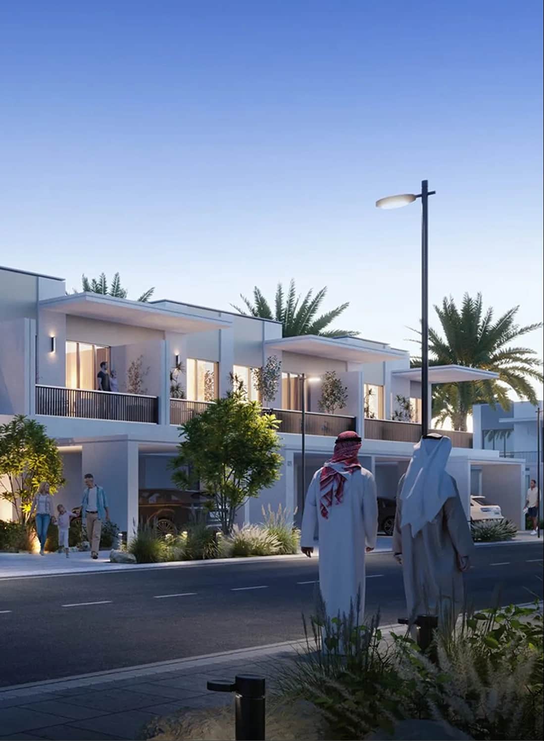 Family walk in palm-lined modern neighborhood