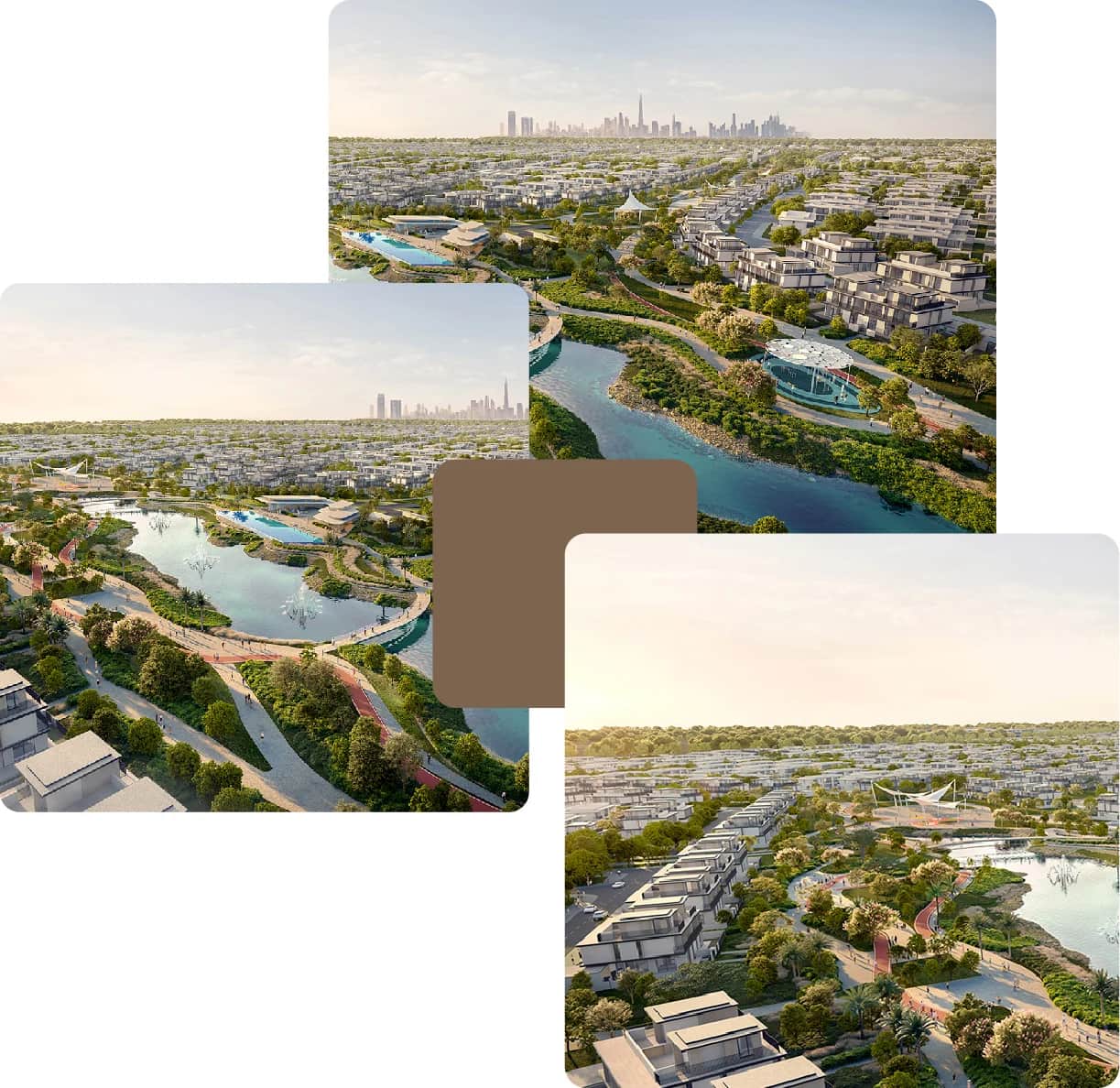 Lush community with winding canals and skyline view