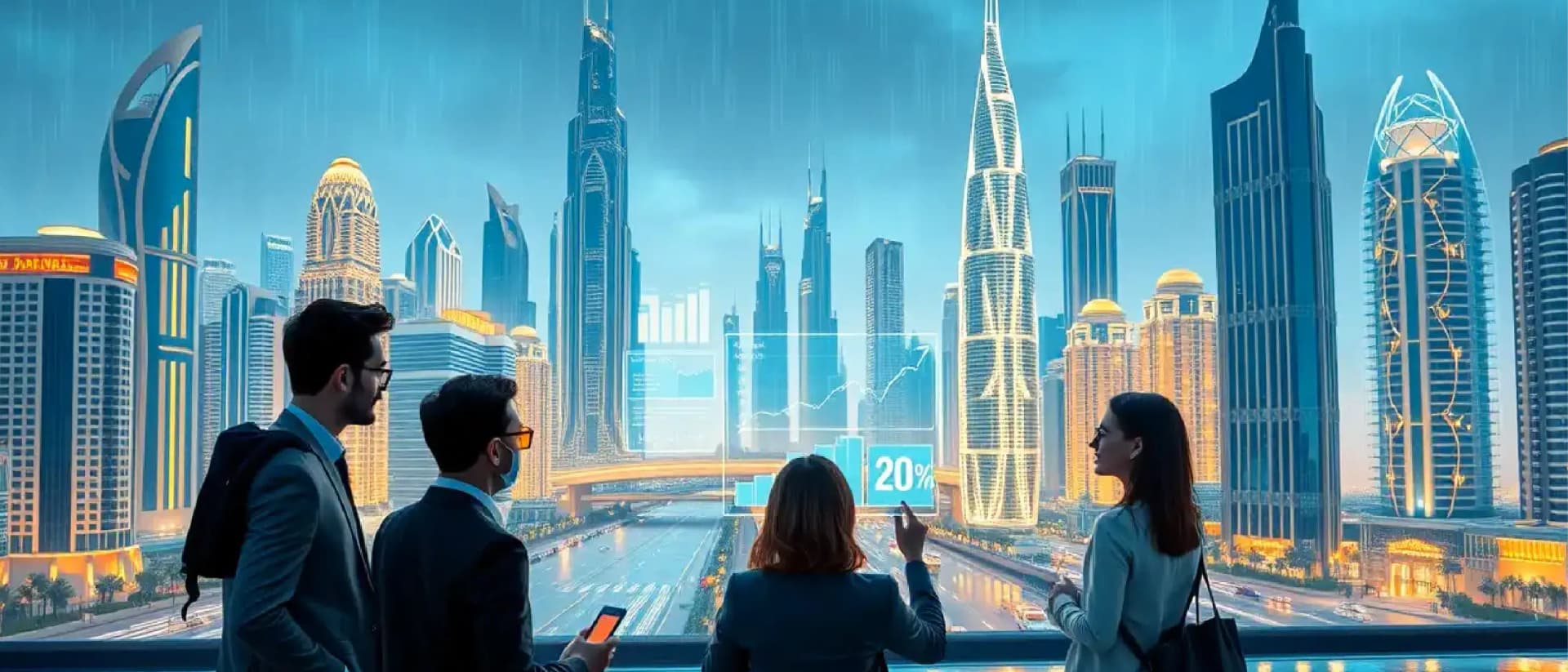 فريق عمل يشاهد أفق دبي المستقبلي