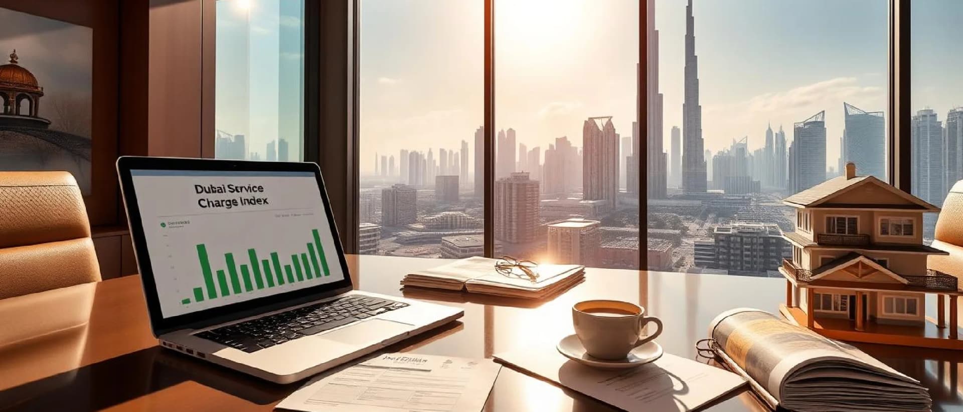 Dubai real estate office with city skyline view