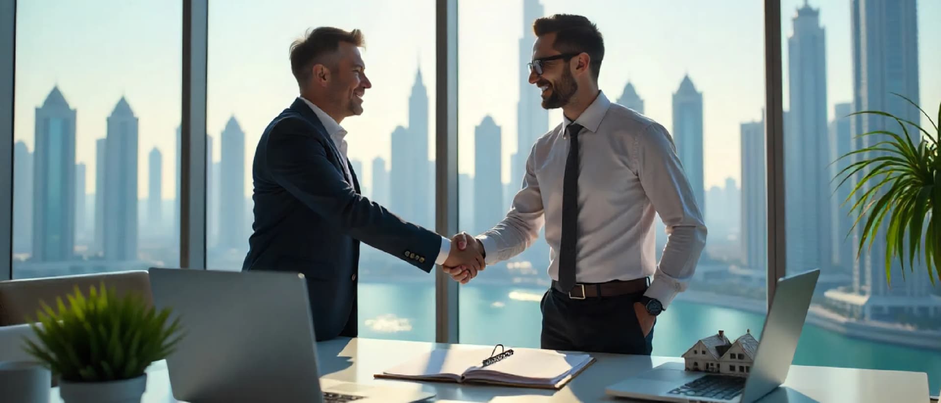 Businessmen handshake in Dubai office with skyline view