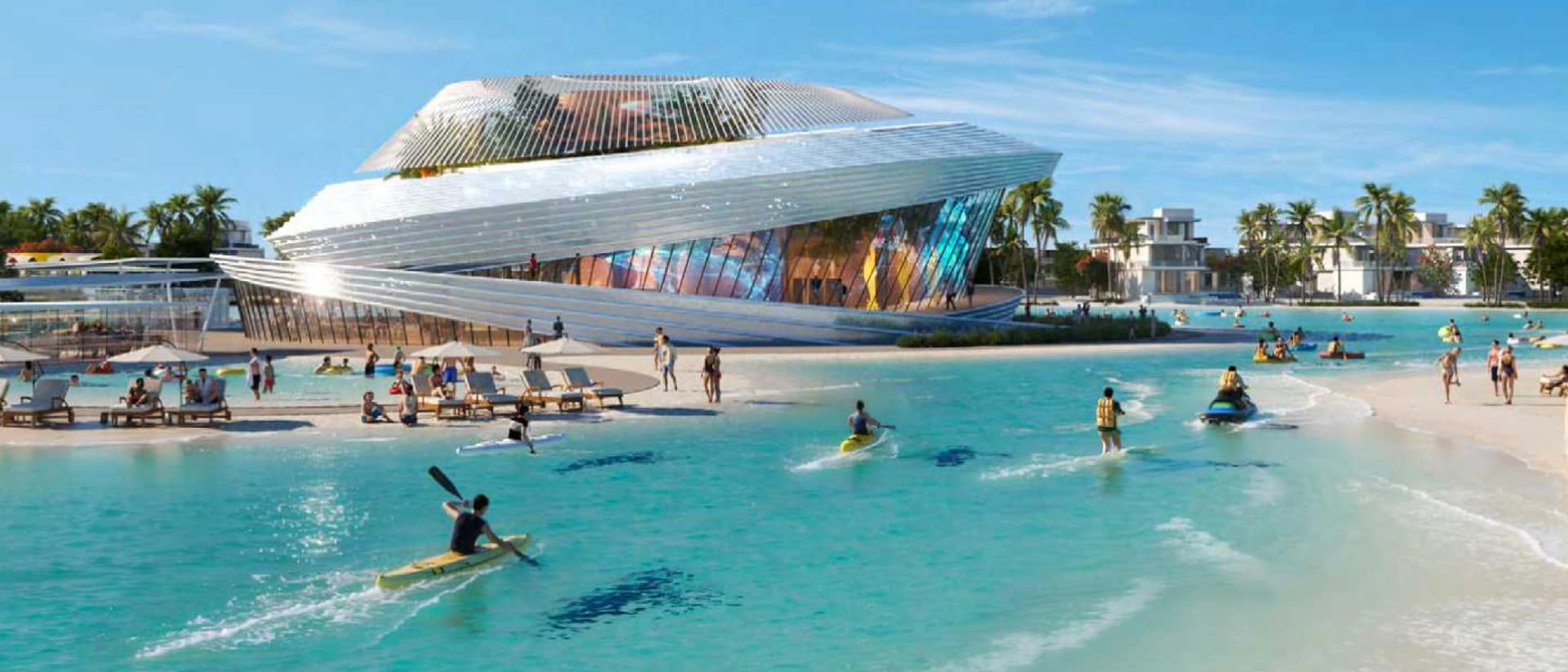 Unique building on waterfront with beachgoers