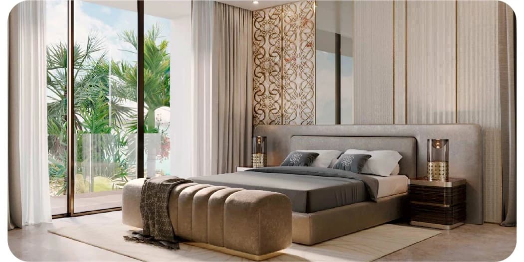 Modern bedroom with balcony and geometric art