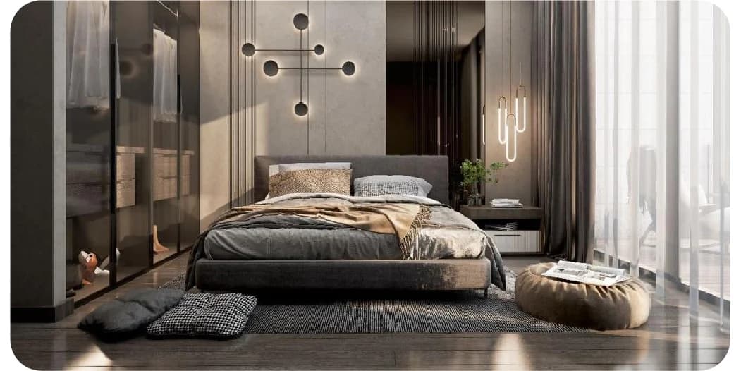 Bright bedroom with a tufted headboard and orange pillow