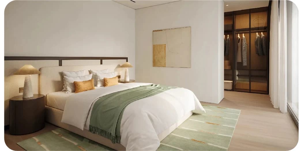 Modern bedroom with golf course view