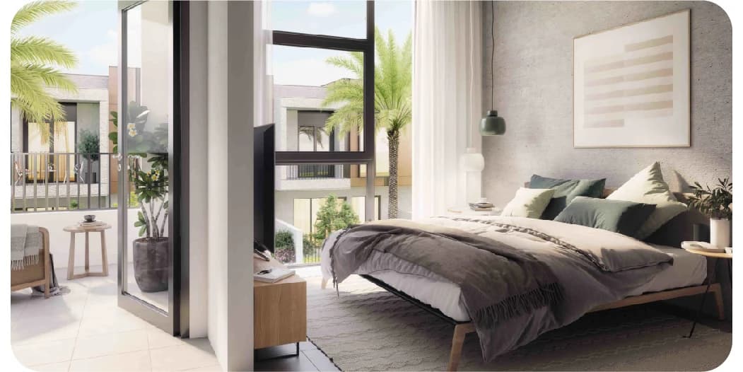 Modern bedroom with abstract art and city view