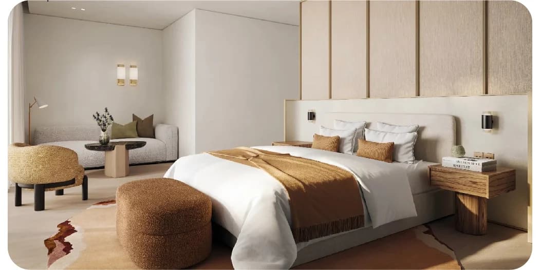 Bright bedroom with sheer curtains and a gray throw