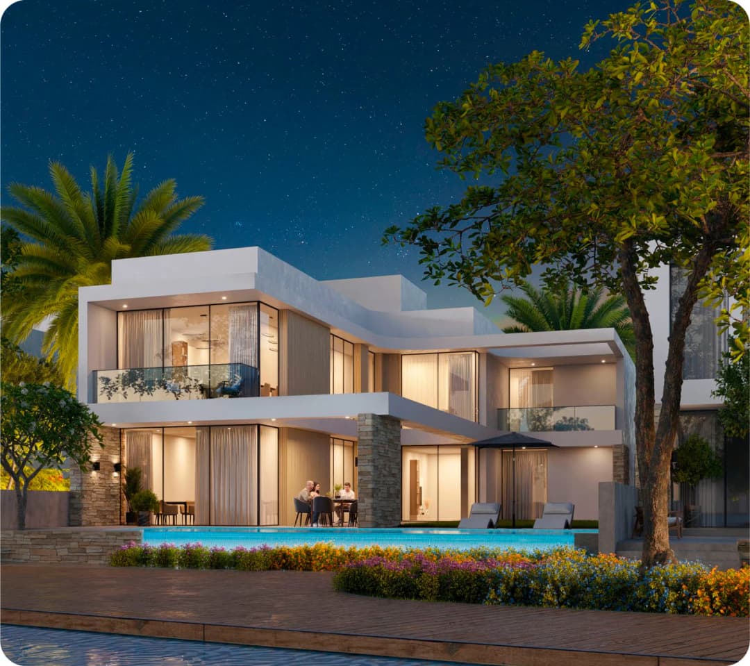 Bird's-eye of upscale Dubai beachfront property