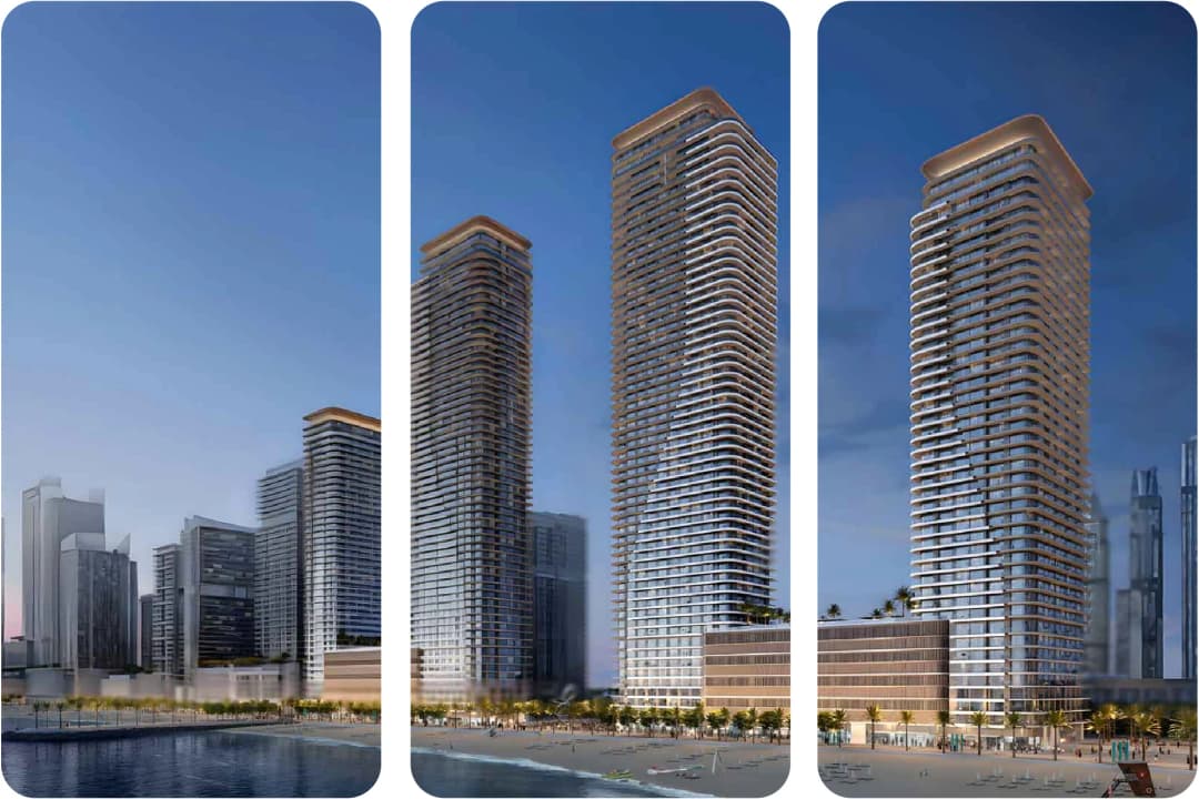 Modern high-rise building, likely LIV Waterside in Dubai Marina