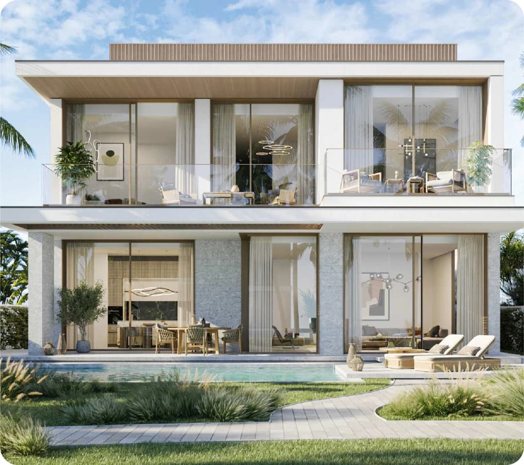 Modern residential buildings with balconies overlooking a green space