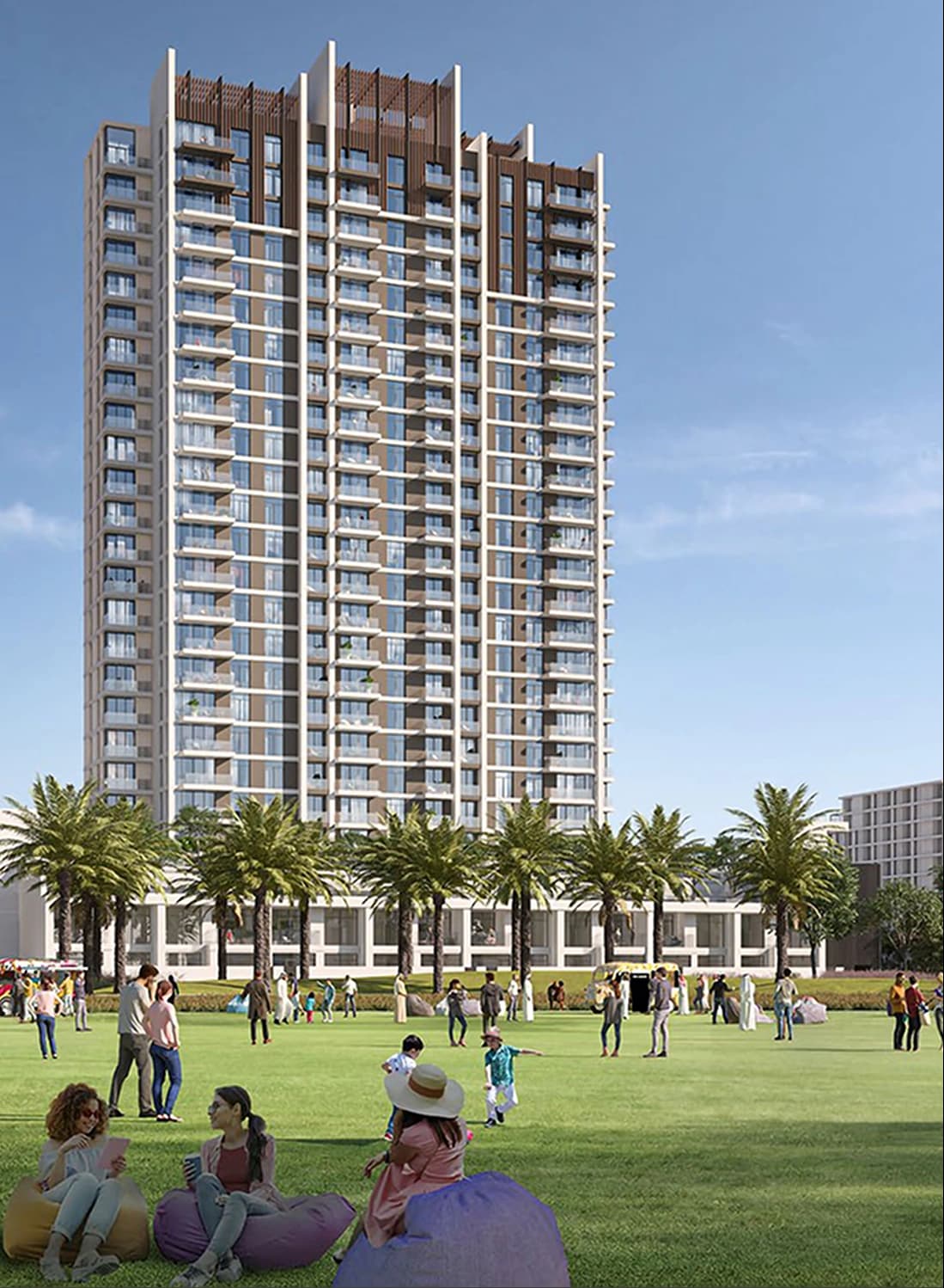 High-rise building with people enjoying the outdoor space