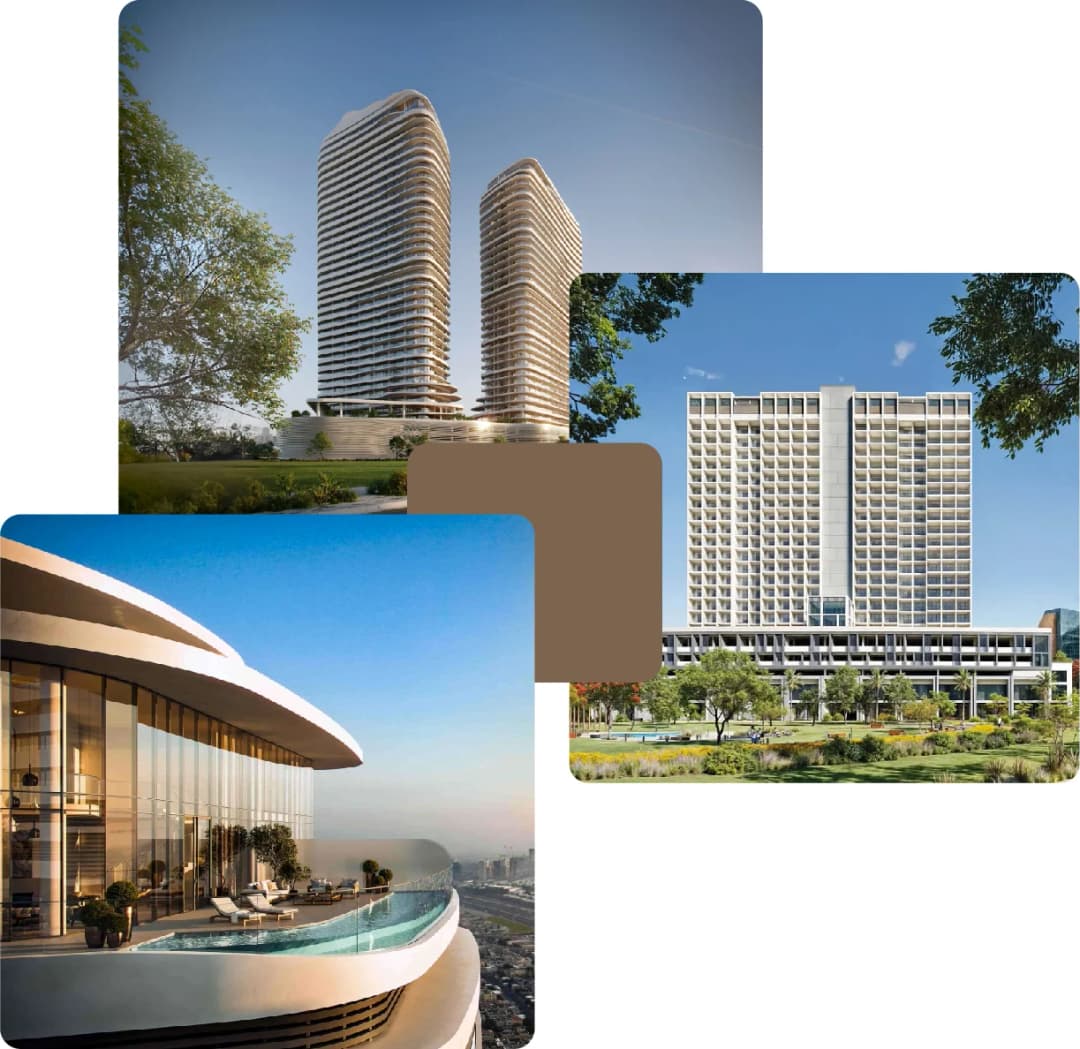 Stylish towers with rooftop pools and trees