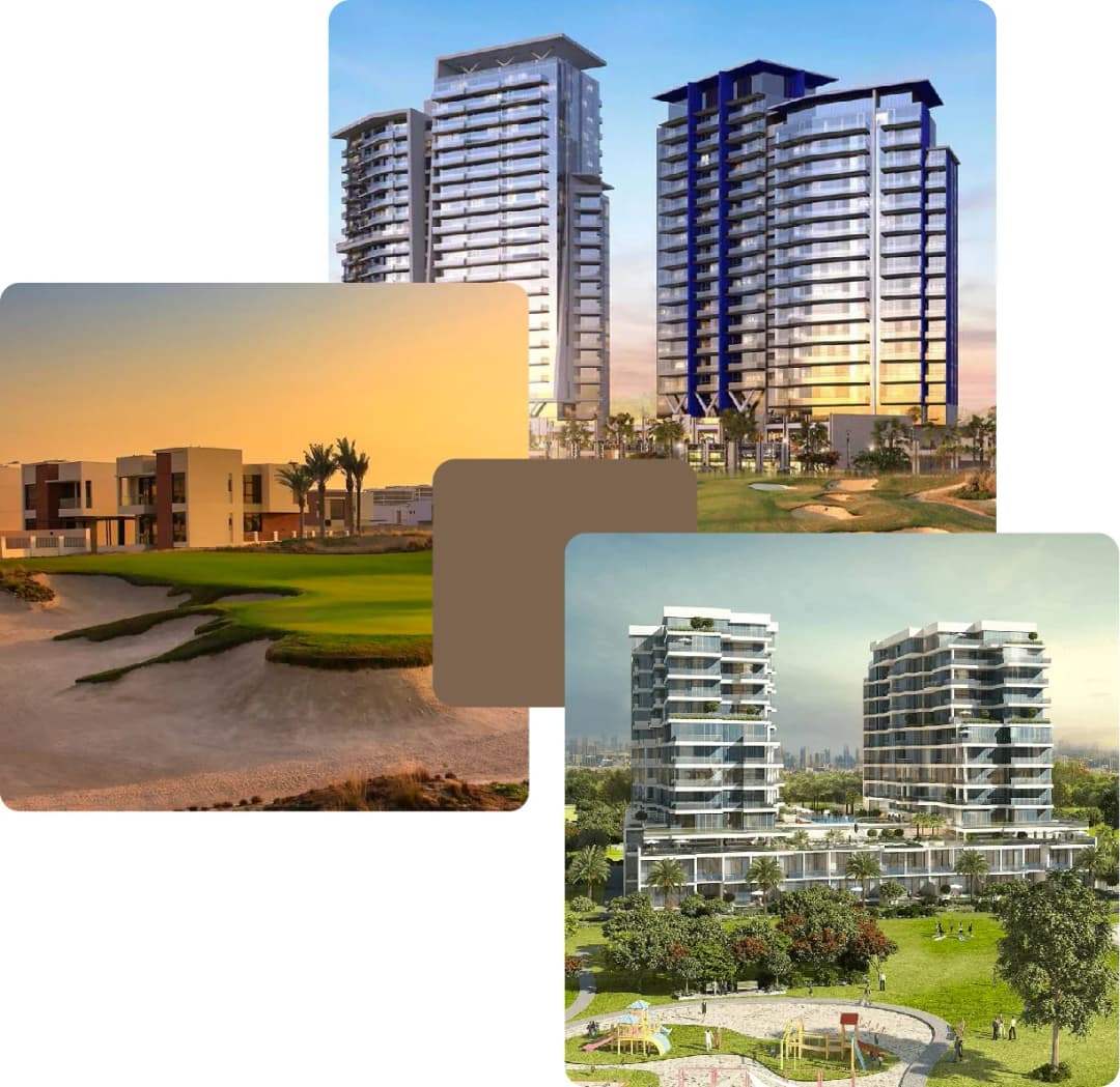 Residences by the golf course at sunset