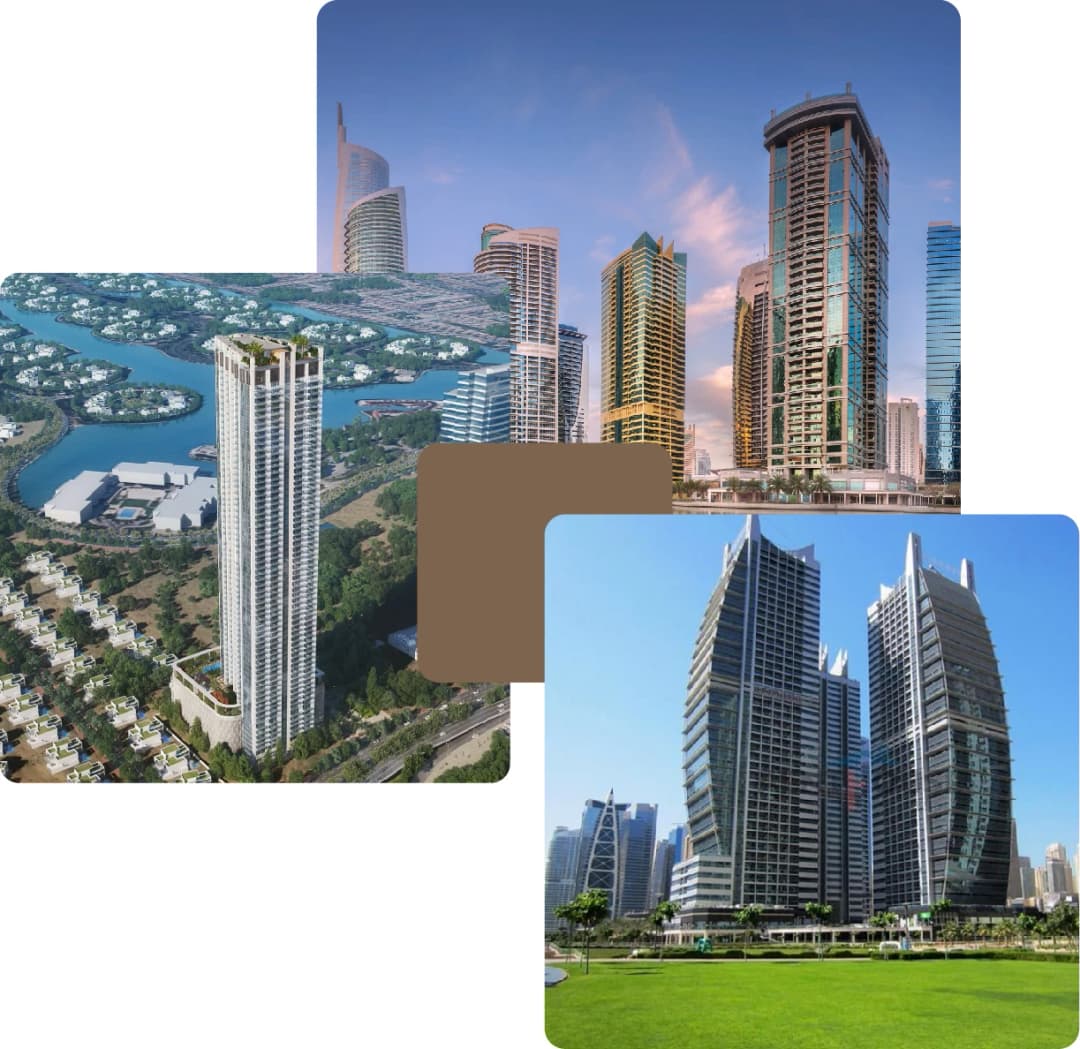 Tall modern towers with scenic green surroundings
