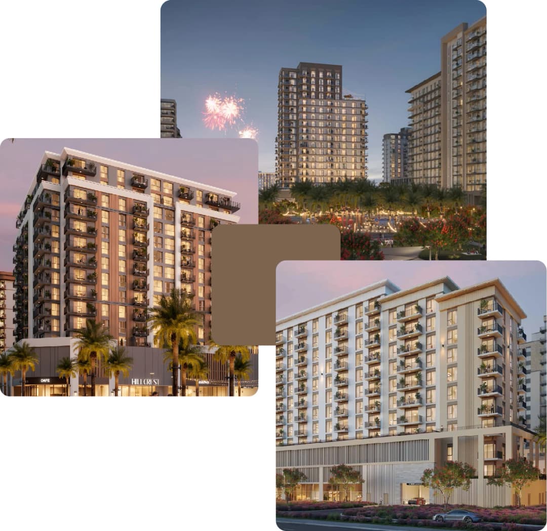 Apartment towers with fireworks and palm trees