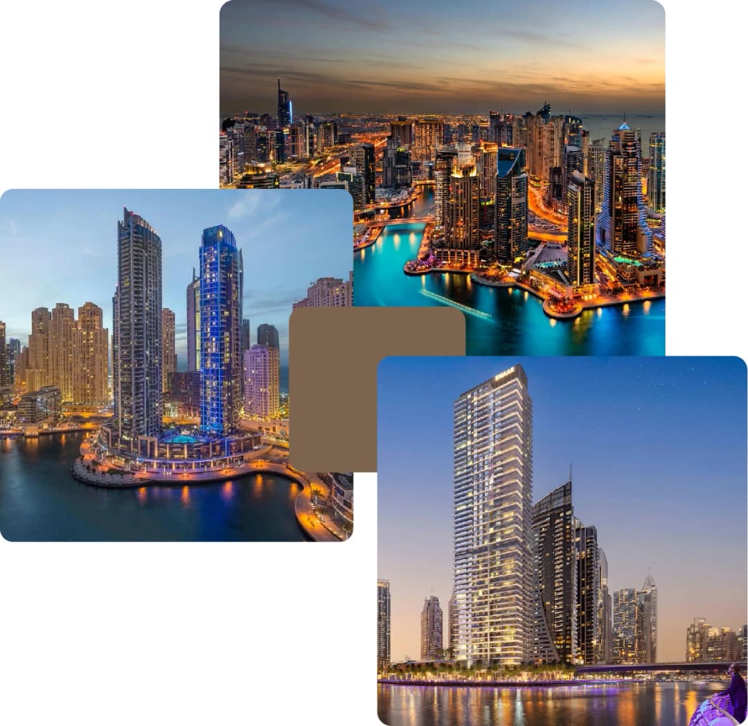 Tall buildings with marina views at twilight