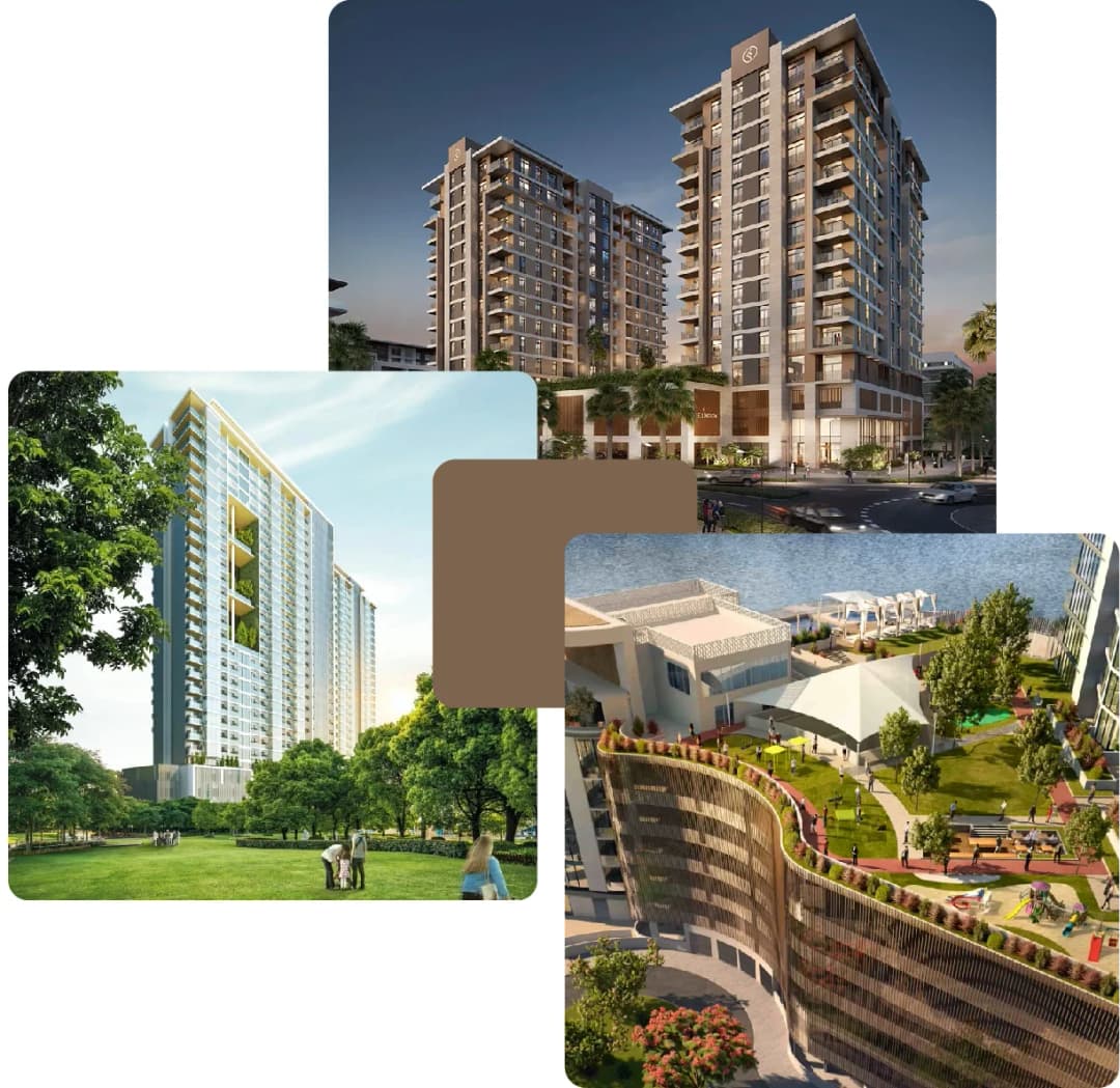 Modern towers with landscaped parks and rooftops
