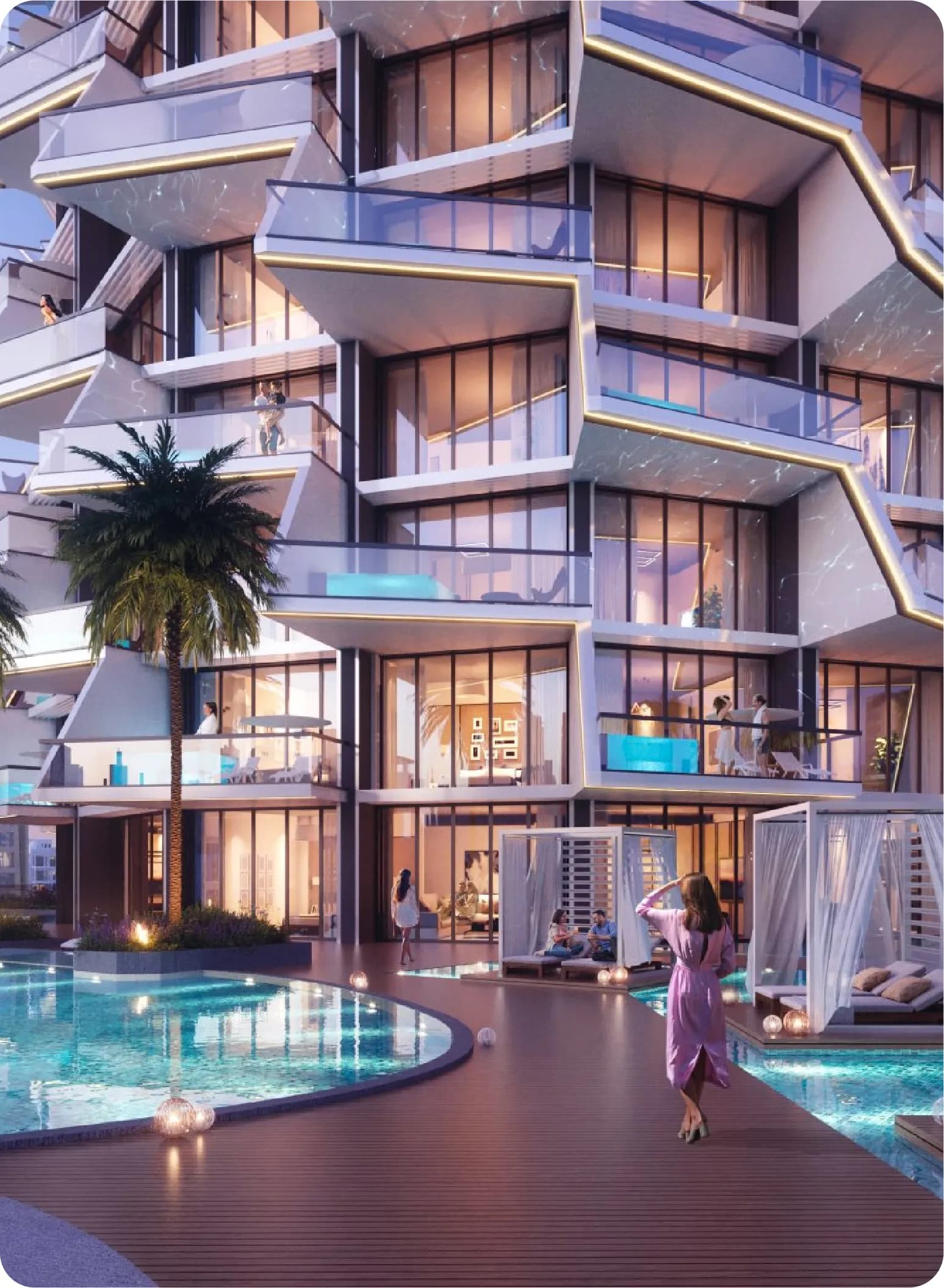 Modern townhouses with palm trees and people walking