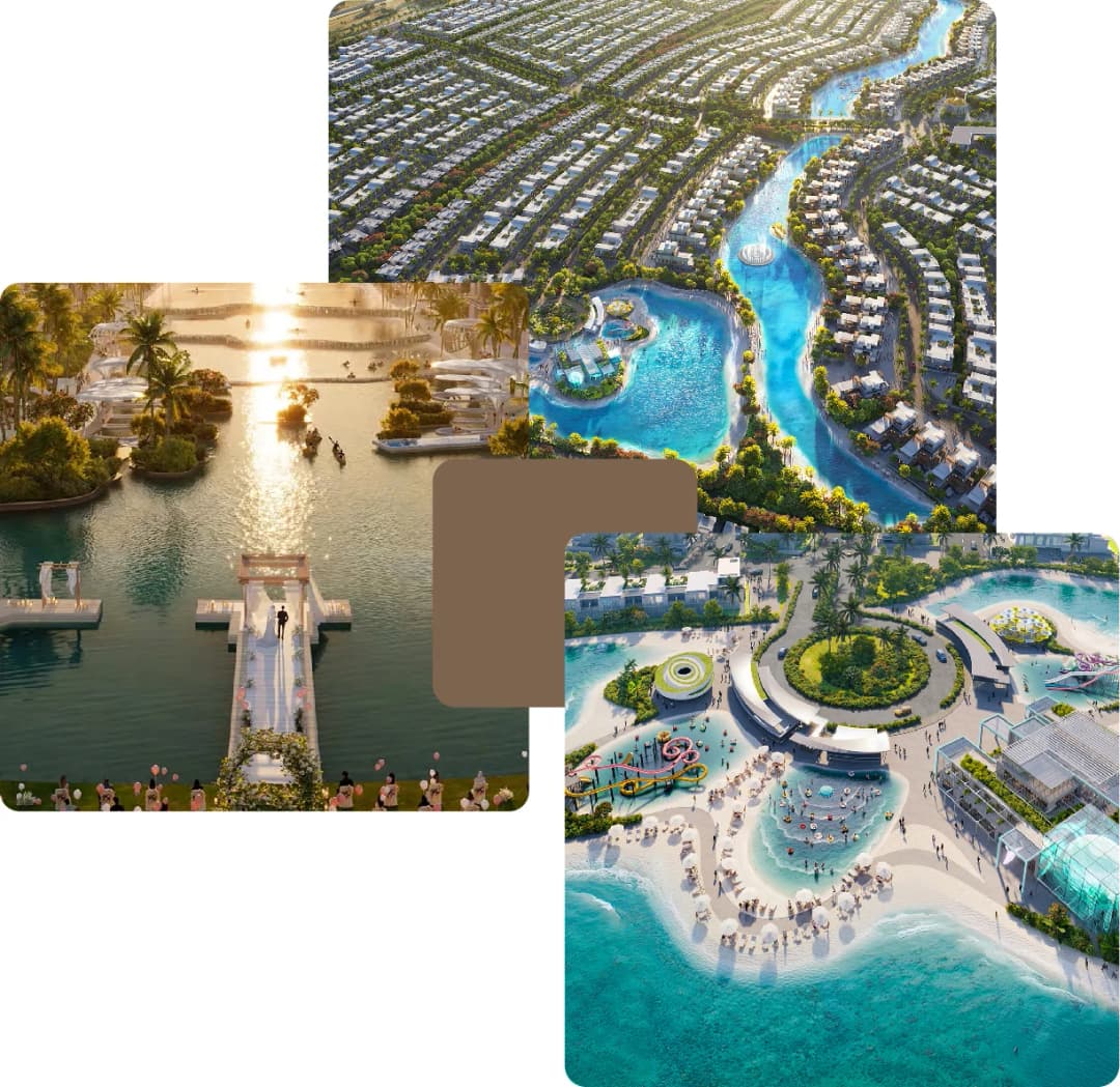 Aerial view of lagoon homes and waterfront resort