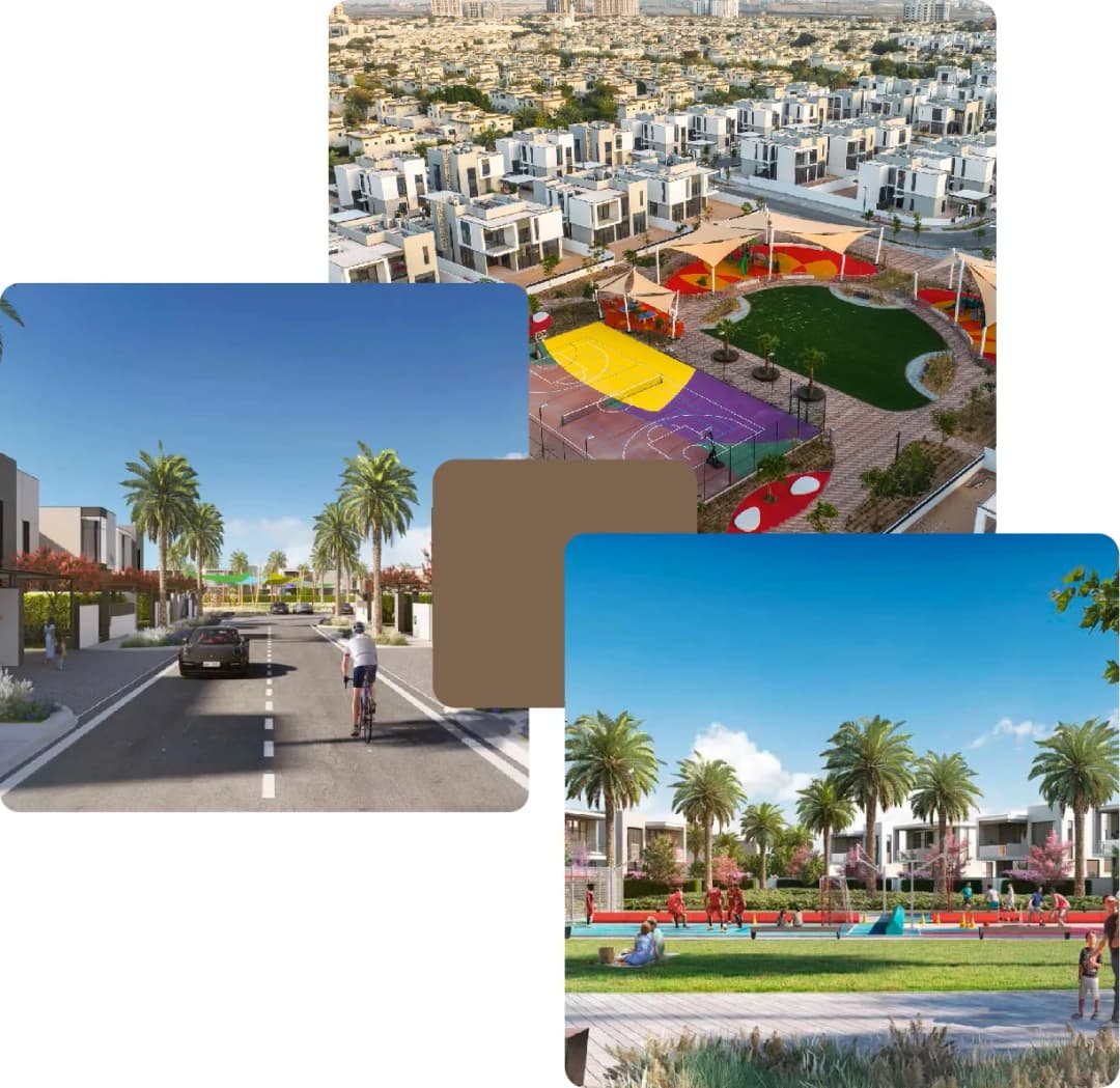 Modern villas with lush parks and colorful play zones