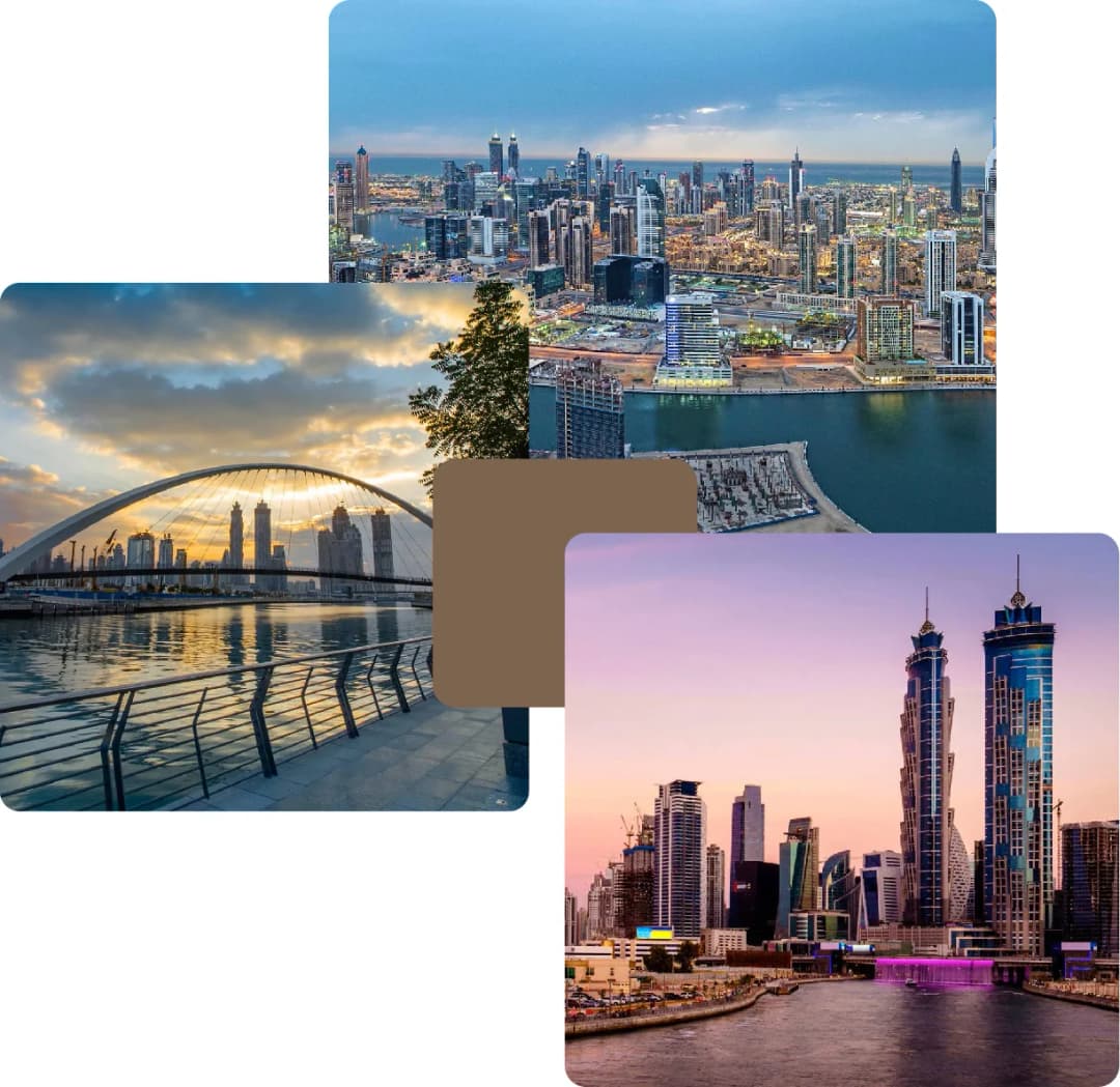 Modern Dubai skyline views at sunset and night
