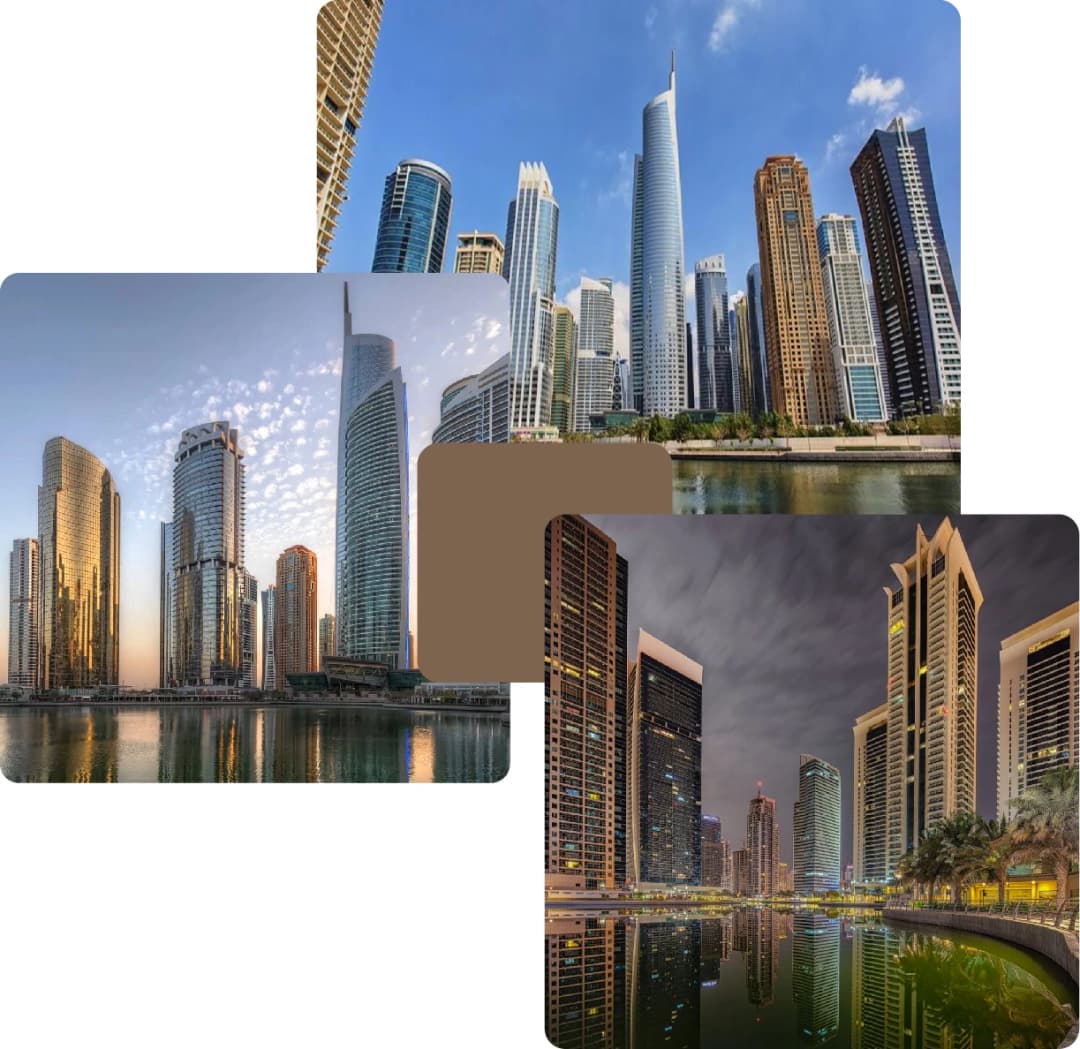 Modern skyline with tall buildings and water view