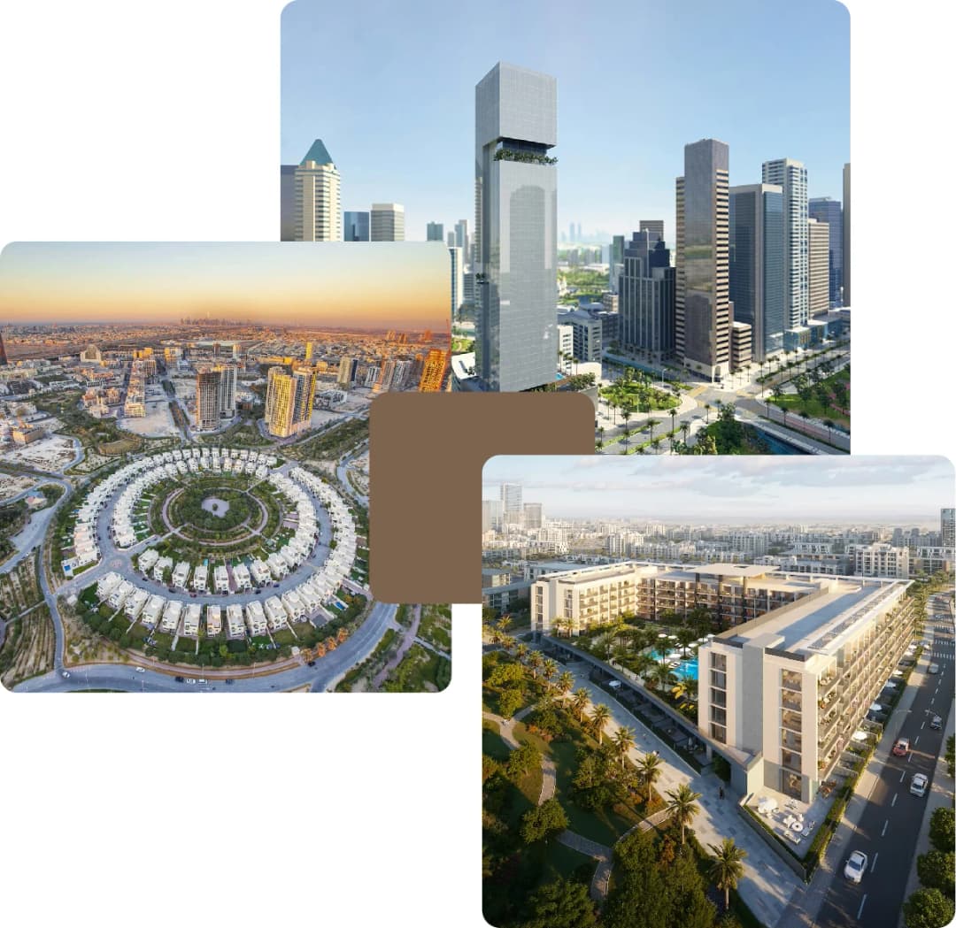 Modern cityscape with towers and circular housing