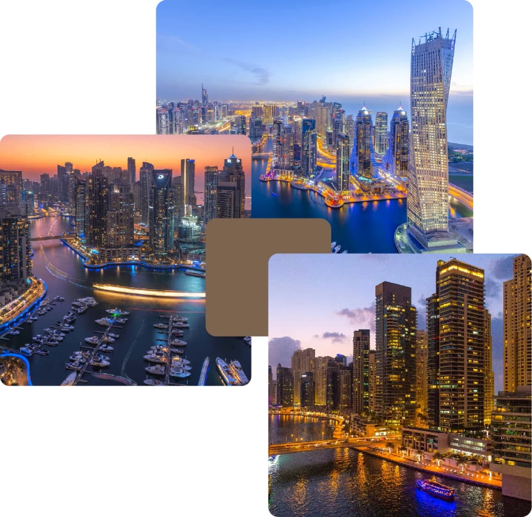Dubai Marina skyline at night with waterfront views