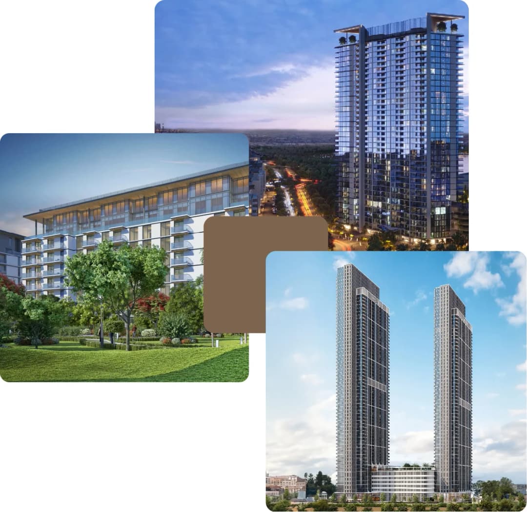 Modern architectural buildings with greenery and skyline