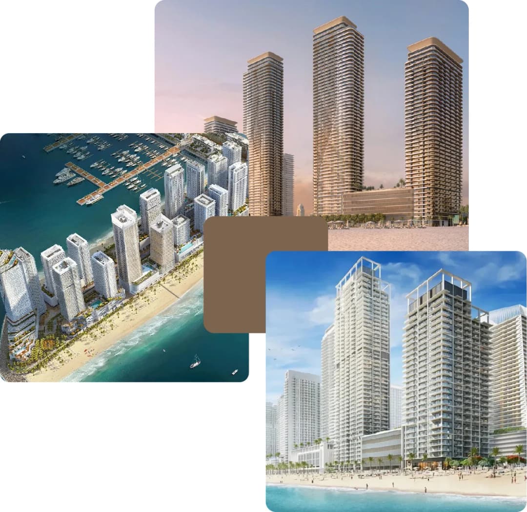 High-rise beachfront towers with marina views