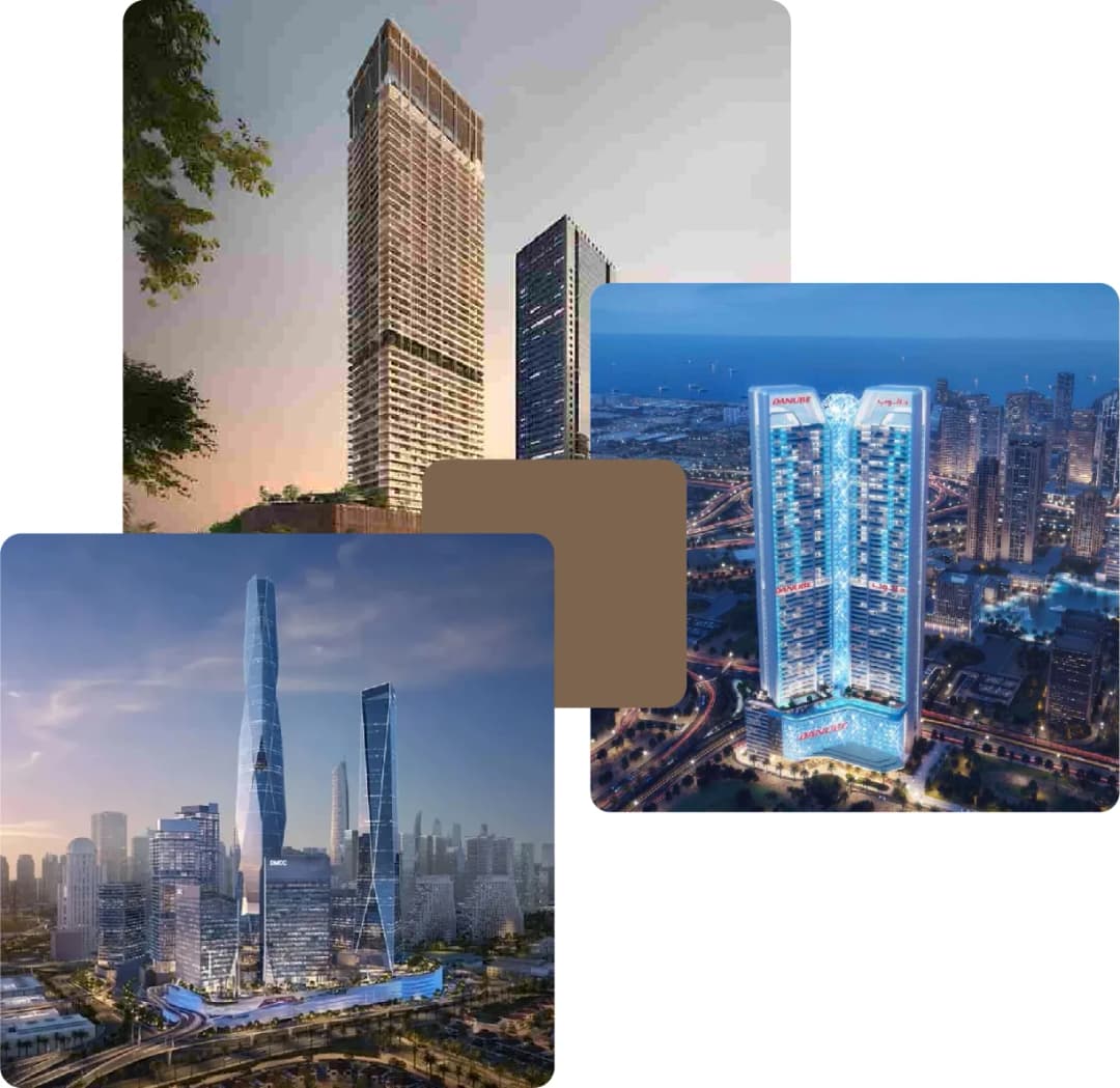 Futuristic high-rise towers in evening cityscape