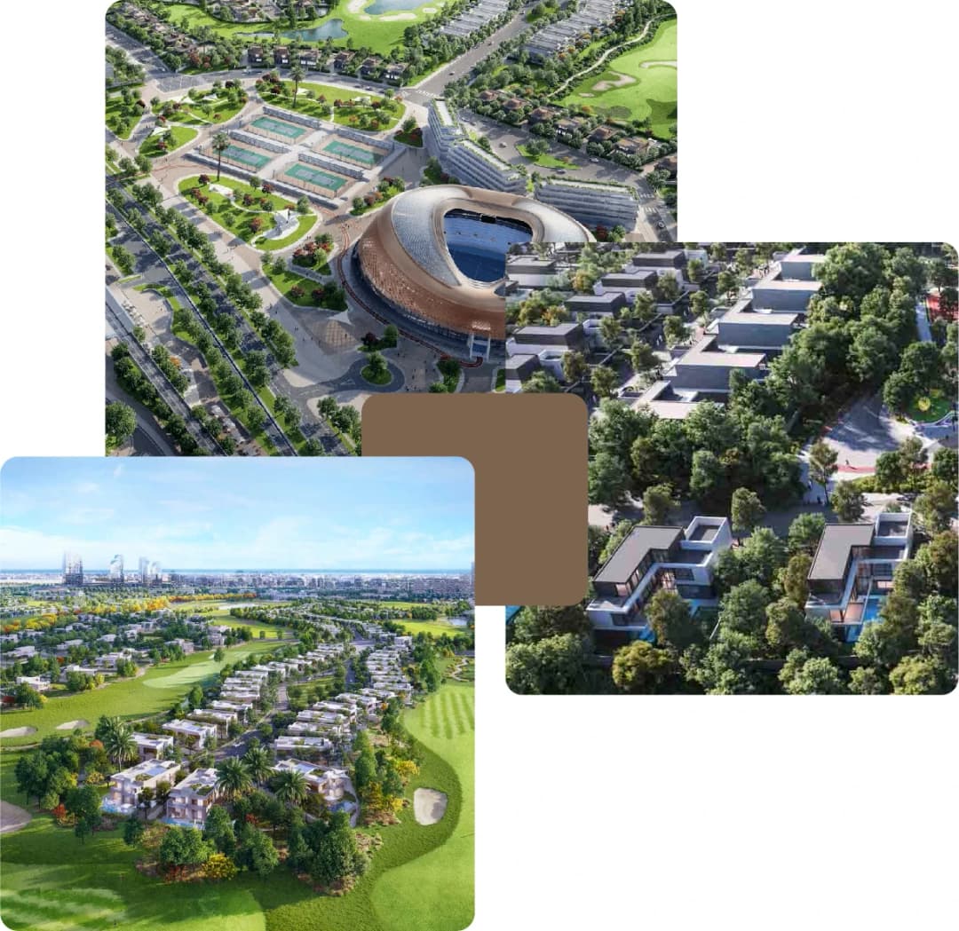 Modern stadium, villas, and lush masterplan