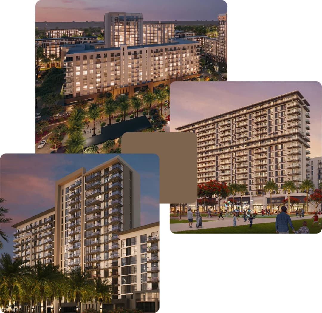 Modern apartments lit up at evening twilight