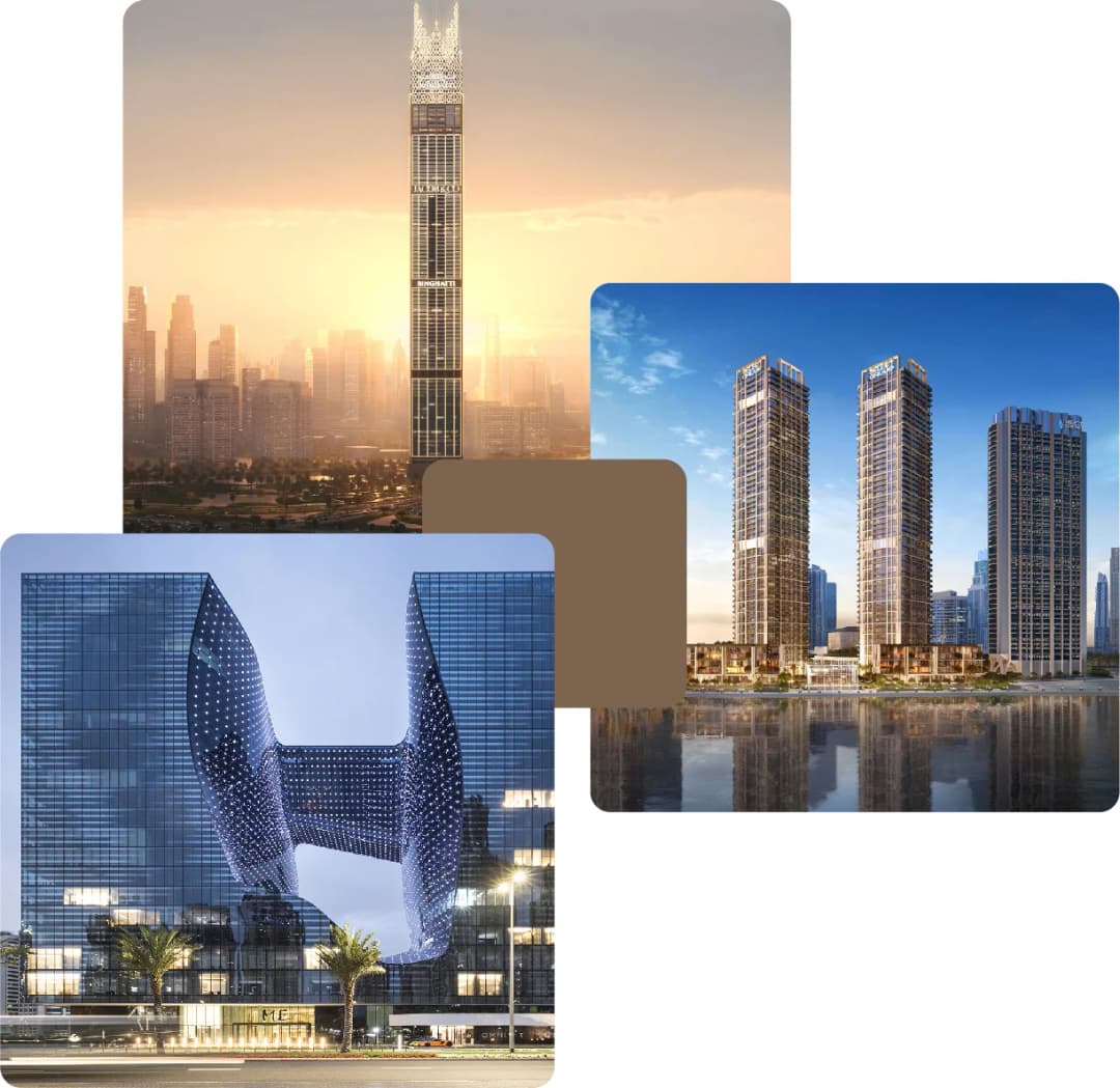 Tall futuristic towers and unique buildings in Dubai