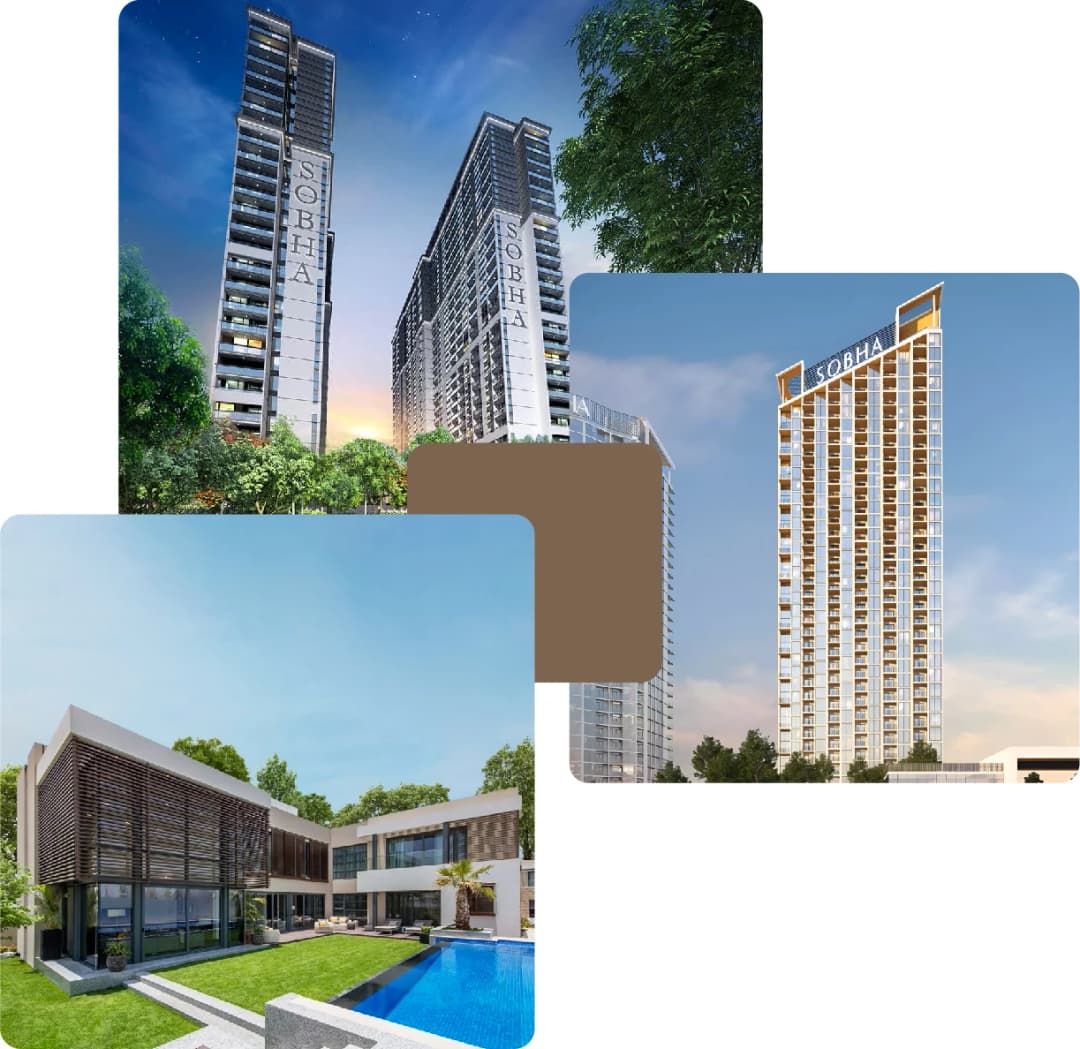 Sobha high-rise buildings and modern villa with pool