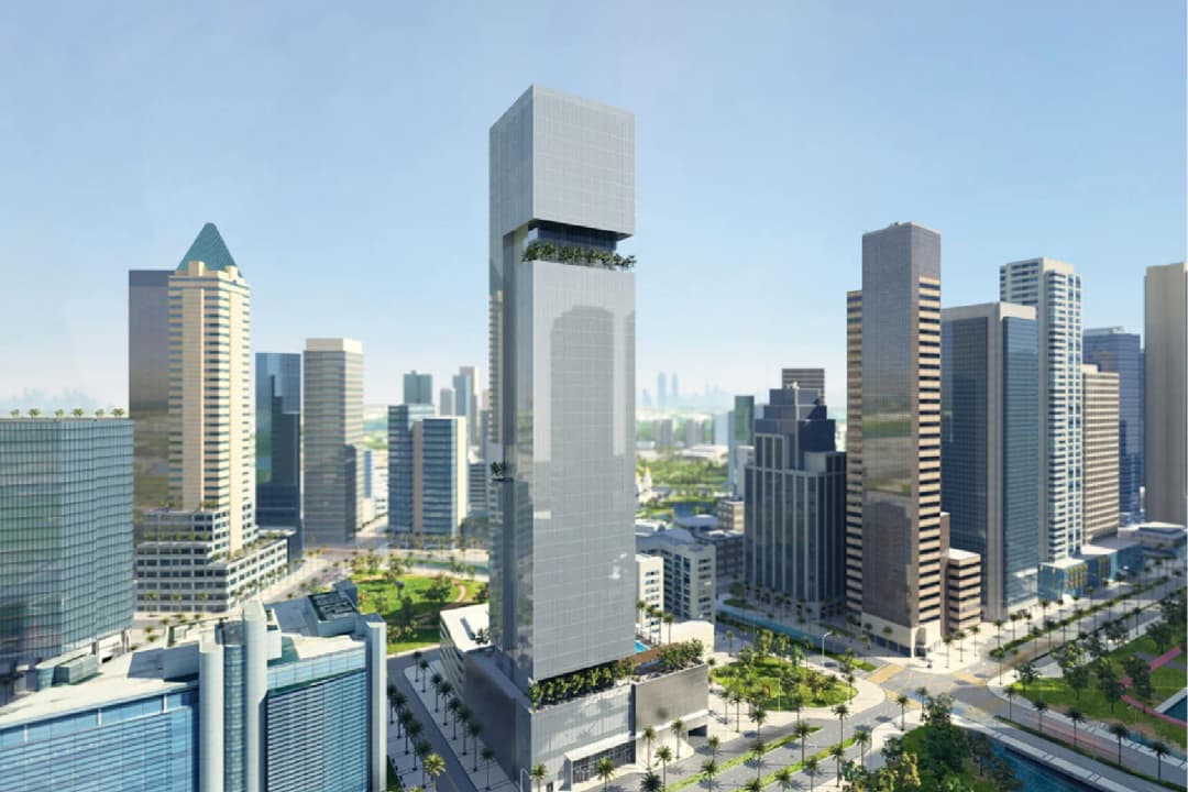 Modern skyscraper with circular pools on each floor