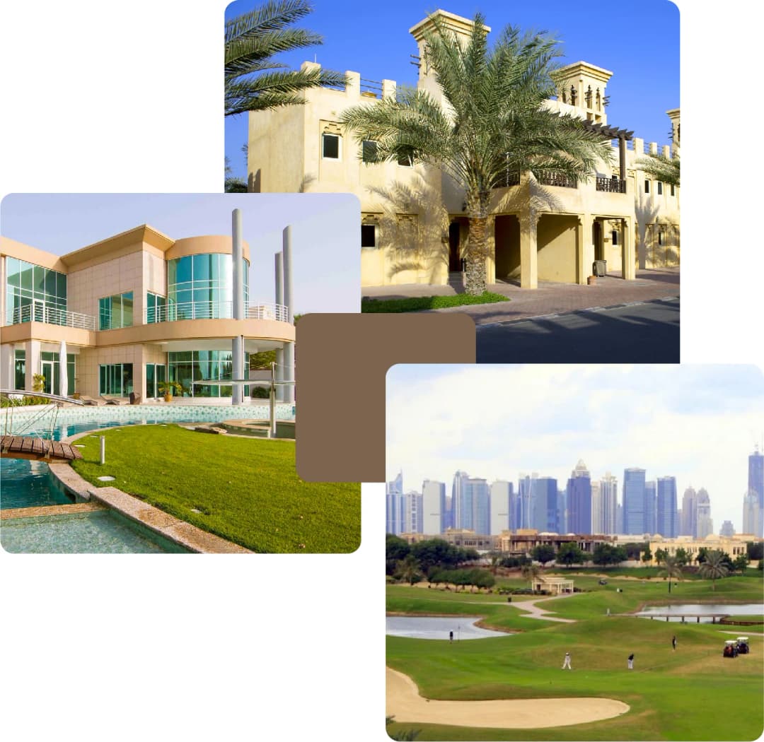 Luxurious homes and golf course near city skyline