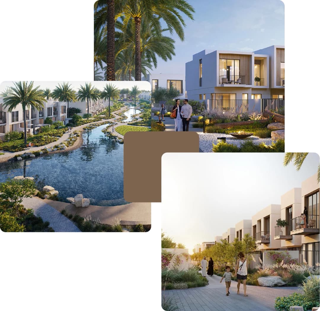 People walk beside lakes in lush housing area