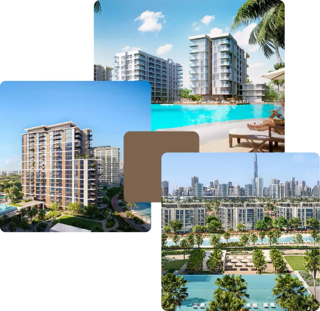 Modern towers with palm pool and skyline in view