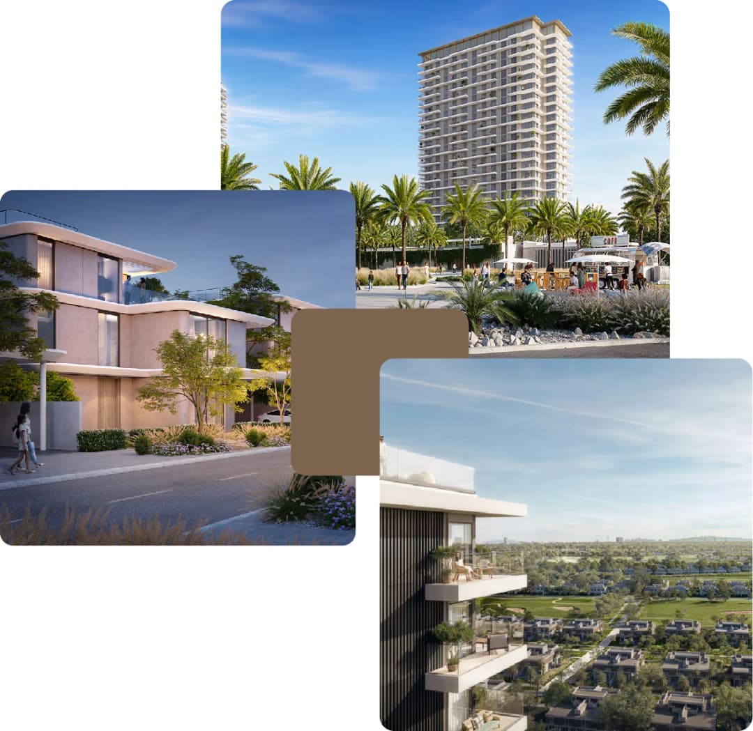 Luxury villas and tower near palm trees