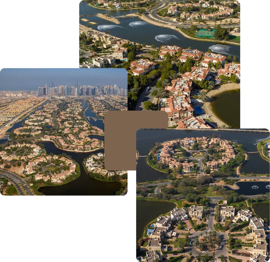Aerial view of luxury villas with scenic water channels