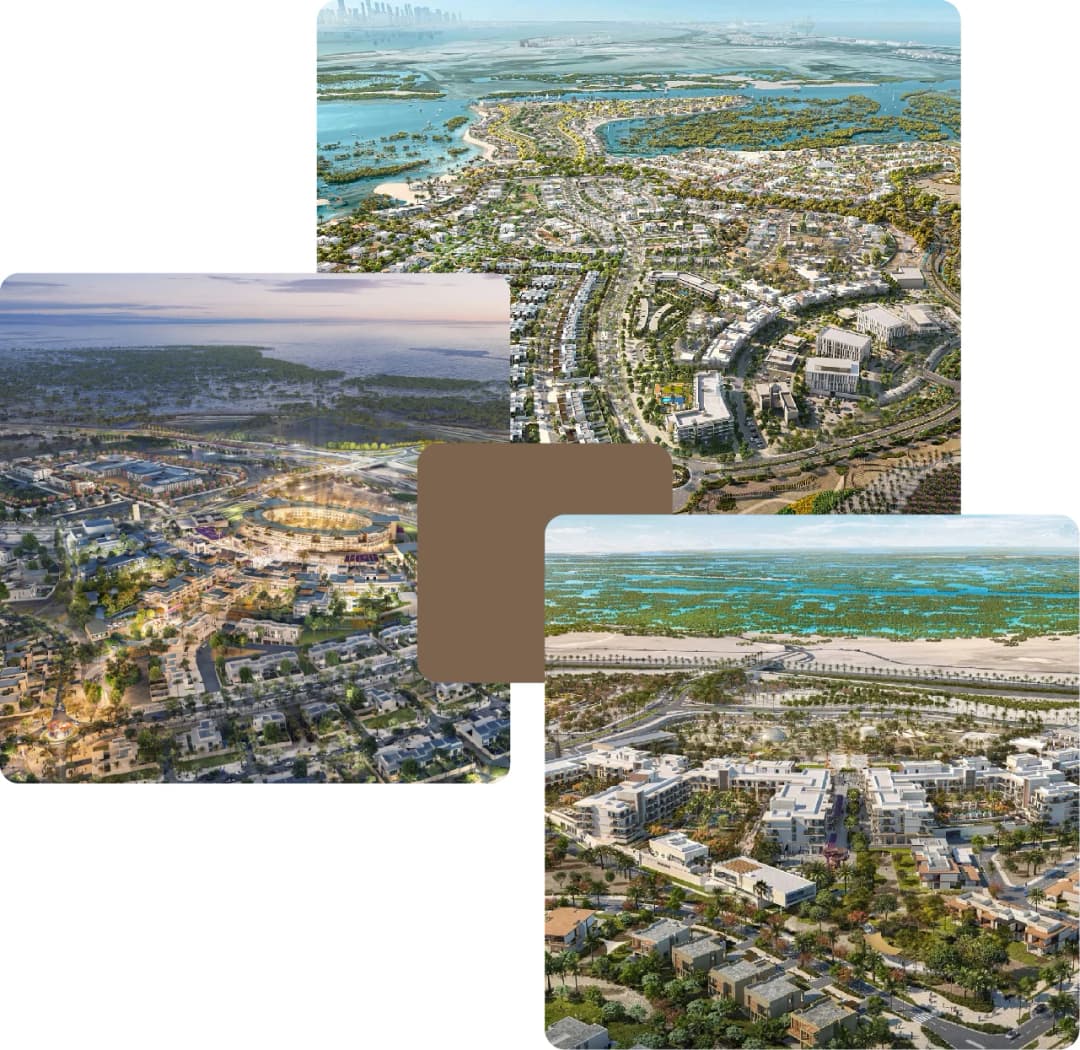 Aerial view of waterfront community with lush greenery