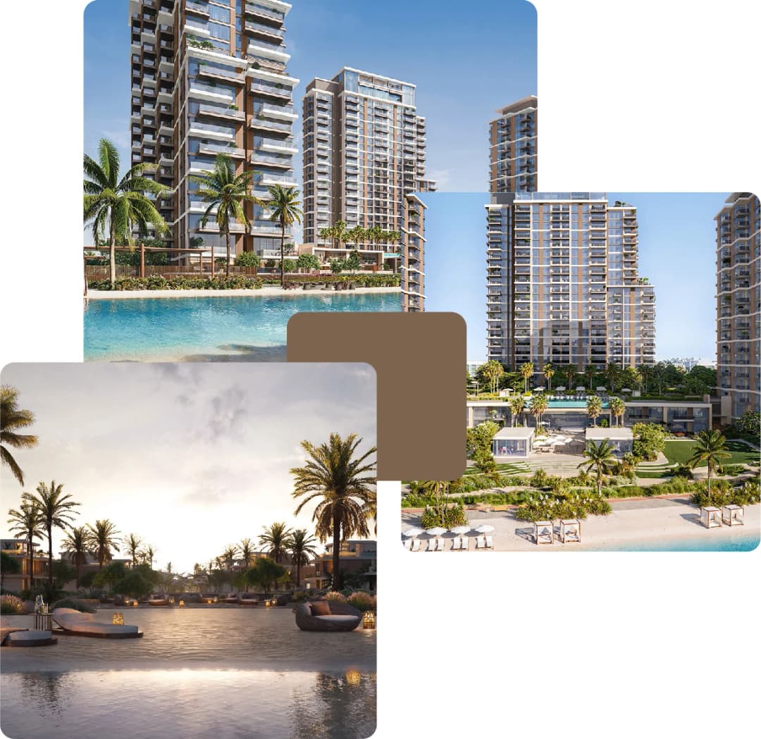 High-rise towers with beach pool and palm trees