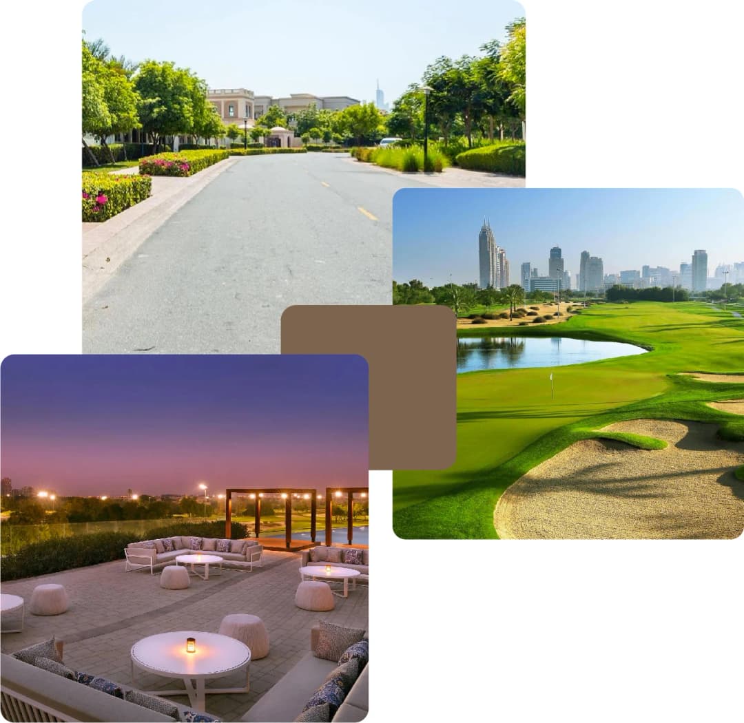 Tree-lined roads, golf views, and sunset terrace