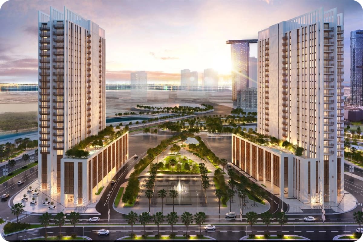 Modern residential towers with landscaped surroundings