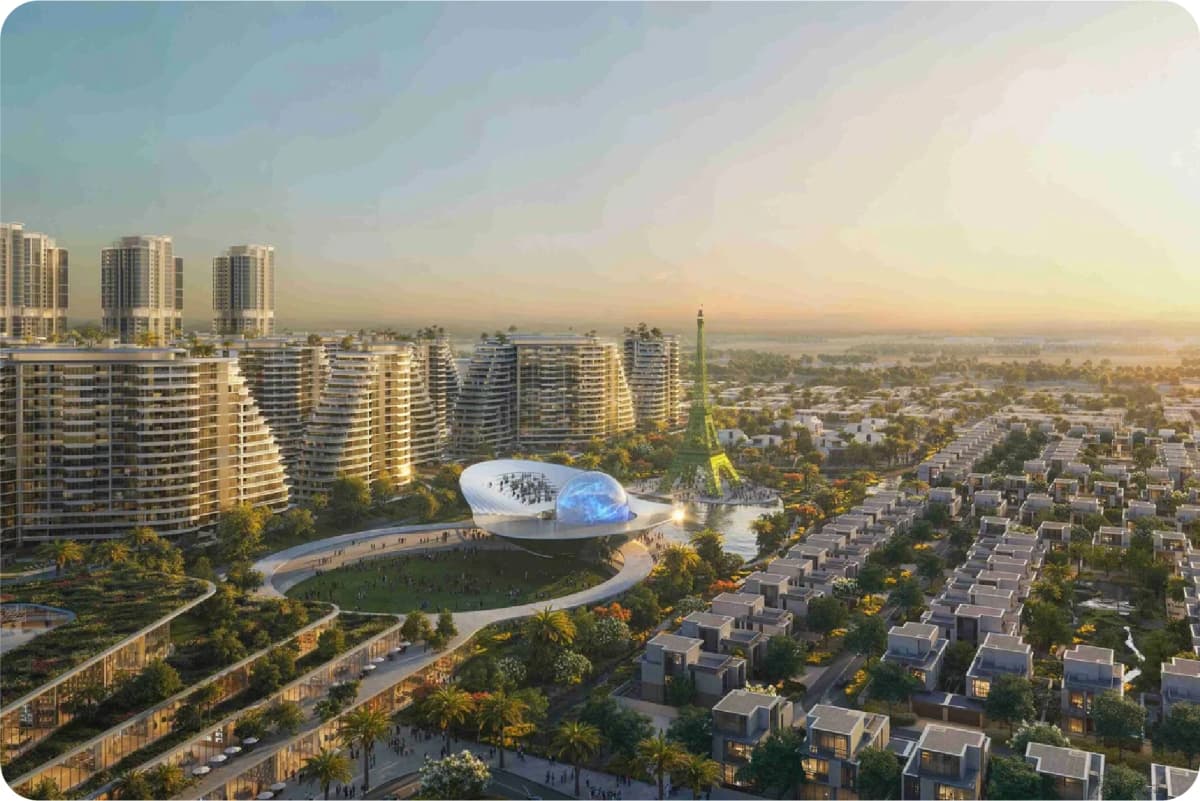 Futuristic African city with Eiffel Tower replica