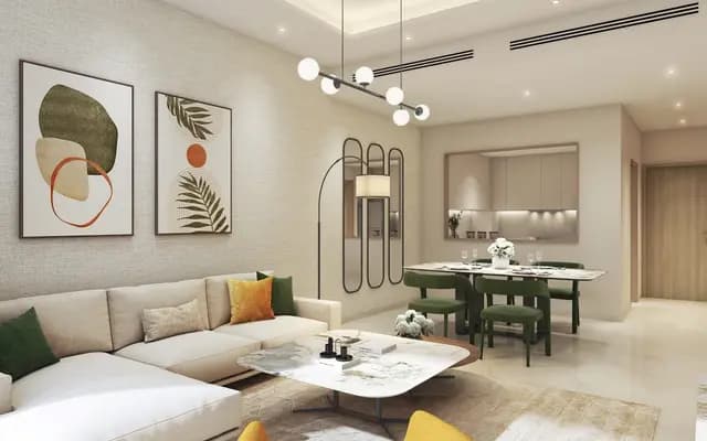 Modern living room with stylish decor and dining area