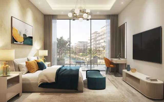 Modern bedroom with a scenic view and stylish decor