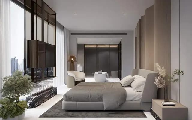 Modern bedroom with floor-to-ceiling windows and stylish furnishings