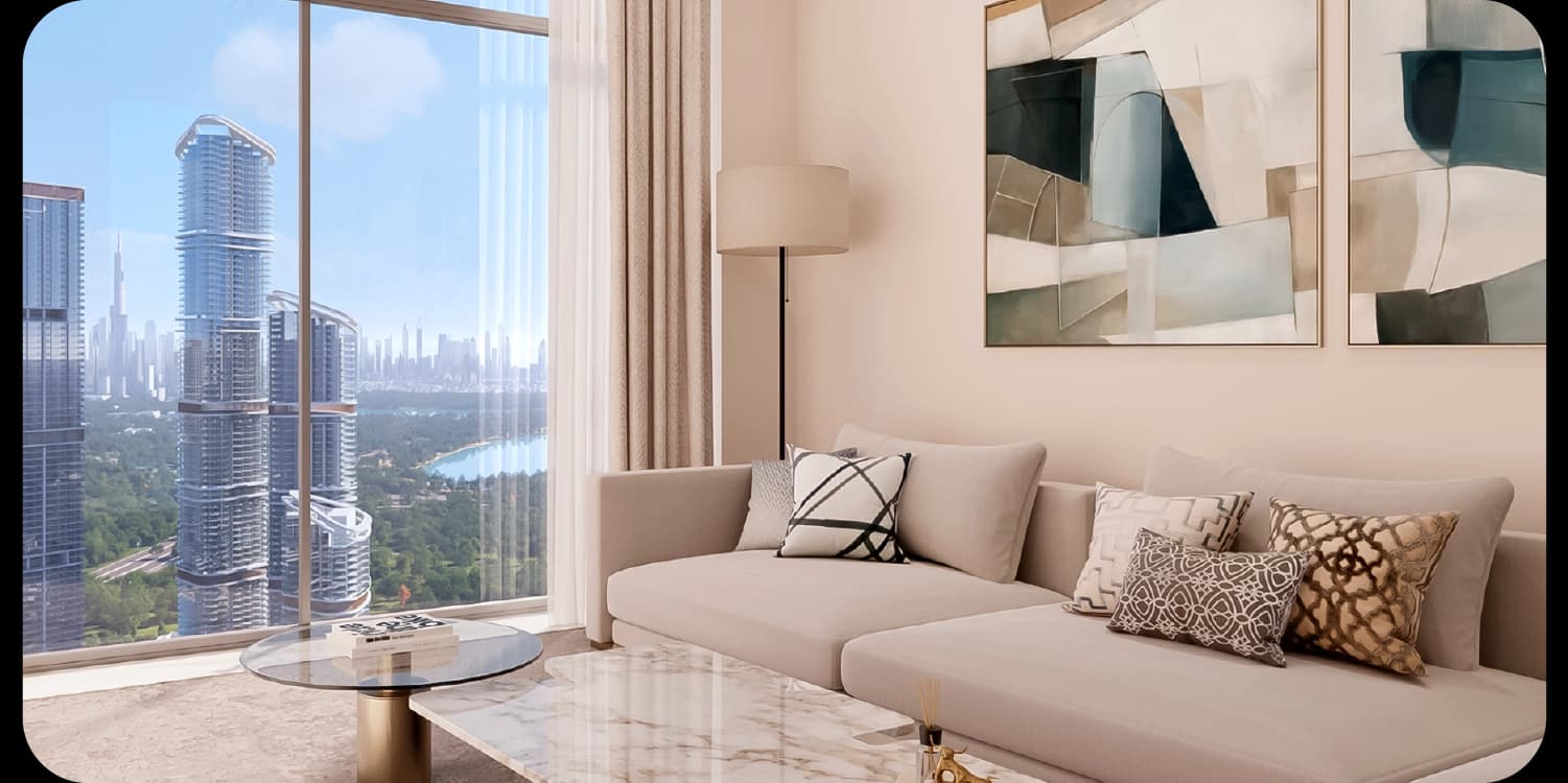 Modern living room with city and water view